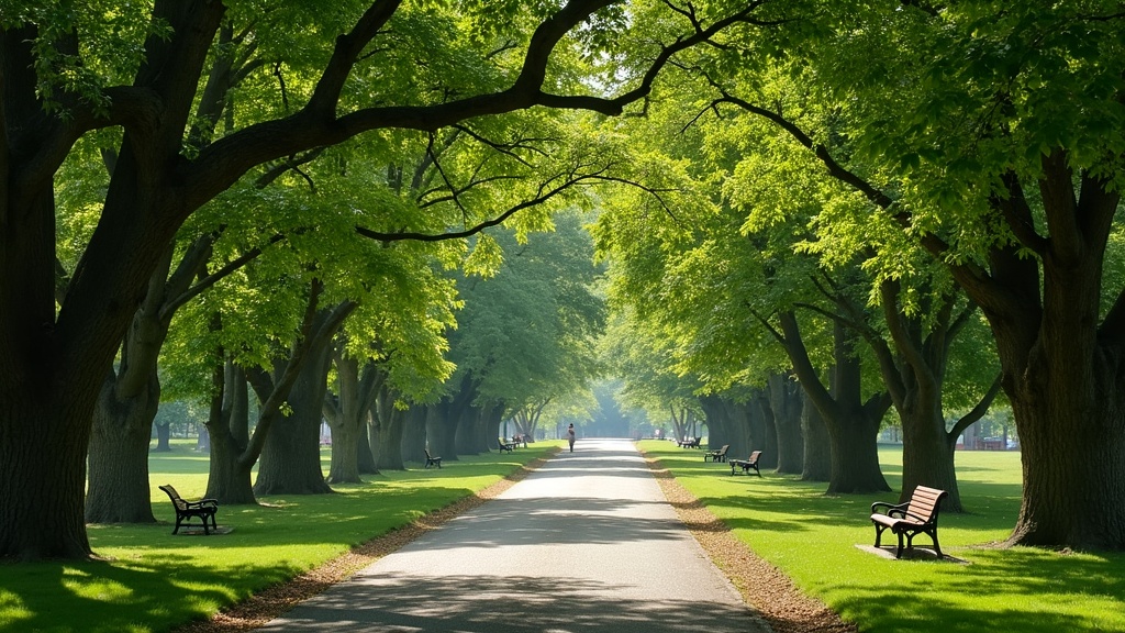 A scenic view of a leafy park pathway lined with benches and trees, radiating peace and quiet. Warm natural light filters through the leaves.